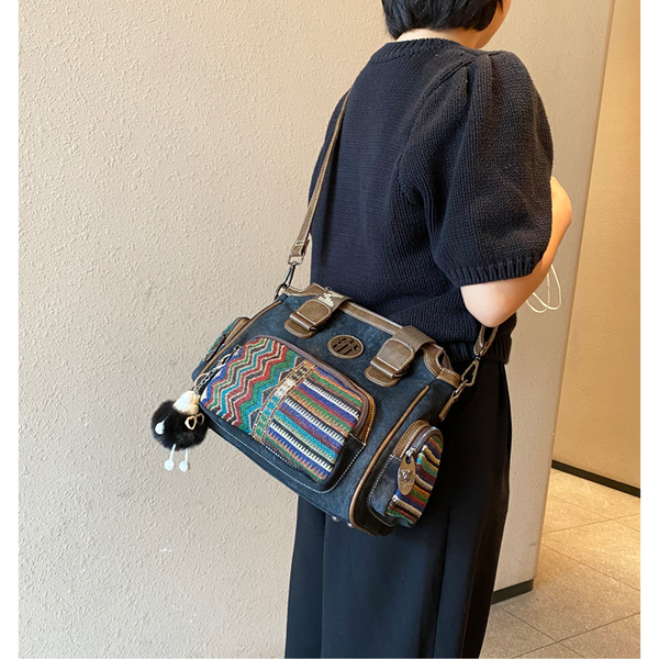 Black Gray Canvas Boston Handbag Black Gray Canvas Shoulder Boston Bag Embroider DENIM01301016