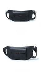 Black Leather Chest Bag Front Pocket Detail