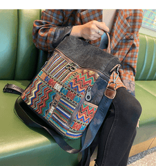 Vintage Convertible Large Boho Style Backpack Black Gray Embroidery Canvas Backpack Boho Crossbody Bag - Feltify