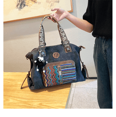 Boho Style Handbag Black Gray Canvas Boho Crossbody Bag Canvas Embroidery Shoulder Bag - Feltify