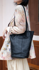 Black Womens Leather Bucket Tote Purse Womens Barrel Tote Shoulder Bag for Ladies