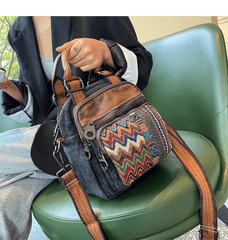Canvas Convertible Boho Backpack Crossbody Bag Black Gray Canvas Convertible Boho Crossbody Handbags - Feltify