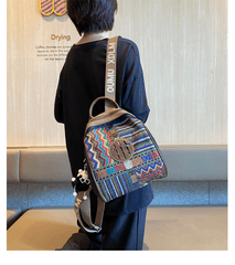 Black Gray Embroidery Canvas Boho Backpack Boho Crossbody Bag for Women - Feltify