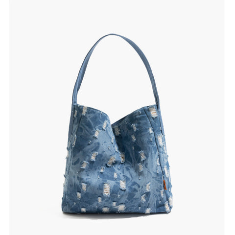 Washed Denim Shoulder Bags Blue Jean Bag Large Denim Tote Bucket Bag Jean Tote Bag - Feltify