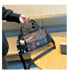 Black Gray Boho Handbag Canvas Embroidery Shoulder Bag Black Gray Canvas Crossbody Bag - Feltify
