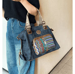 Boho Style Handbag Black Gray Canvas Boho Crossbody Bag Canvas Embroidery Shoulder Bag - Feltify