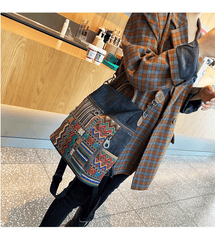 Vintage Convertible Large Boho Style Backpack Black Gray Embroidery Canvas Backpack Boho Crossbody Bag - Feltify