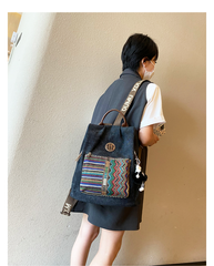 Boho Style Backpack Womens Canvas Backpack Black Gray Embroidery Vintage Boho Backpack - Feltify