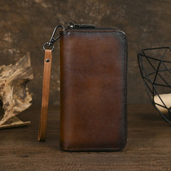 Leather Double Zip Around Wallet for Men 