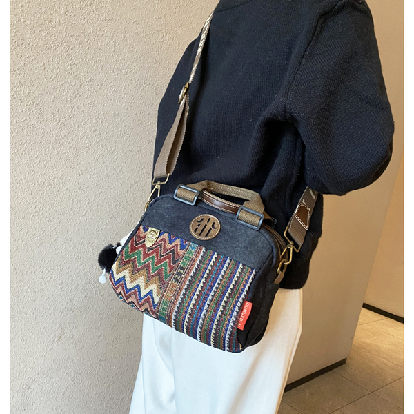 Black Gray Canvas Embroidery Handbag Shoulder Bag Black Gray Canvas Crossbody Bag - Feltify