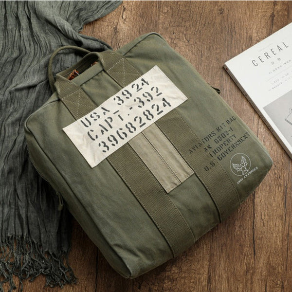 Canvas Mens Pilot Handbag Army Green Canvas - Back View