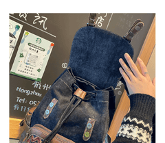 Black Gray Embroidery Canvas Backpack Boho Backpack Womens Vintage Boho Style Backpack - Feltify