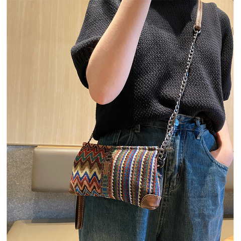 Bohemian Canvas Small Shoulder Chain Bag Clutch Boho Embroidery Canvas Small Chain Crossbody Bag - Feltify