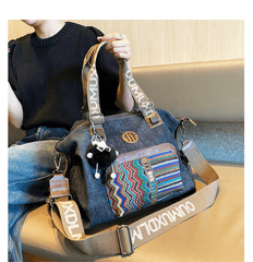 Boho Style Handbag Black Gray Canvas Boho Crossbody Bag Canvas Embroidery Shoulder Bag - Feltify