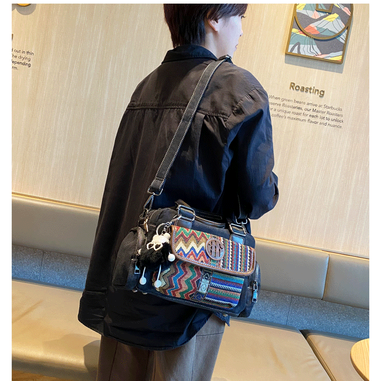 Black Gray Boho Handbag Canvas Embroidery Shoulder Bag Black Gray Canvas Crossbody Bag - Feltify