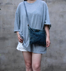 Blue Small Denim Crossbody Bag for Men Small Messnger Bag Womens Jeans Shoulder Bag - Feltify
