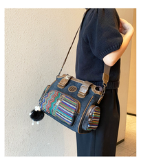 Black Gray Canvas Shoulder Boston Bag Embroidery Canvas Handbag Black Gray Canvas Boston Handbag - Feltify