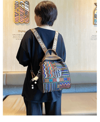 Black Gray Embroidery Canvas Boho Backpack Boho Crossbody Bag for Women - Feltify