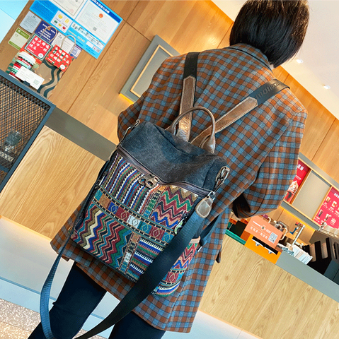 Vintage Convertible Large Boho Style Backpack Black Gray Embroidery Canvas Backpack Boho Crossbody Bag - Feltify