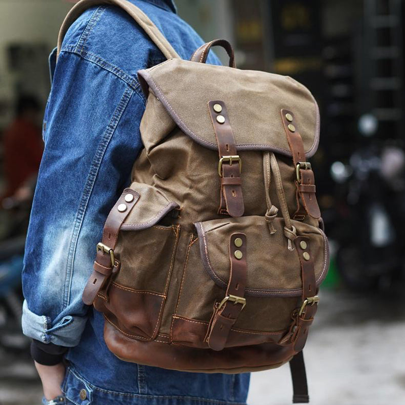 Canvas And Leather Backpack Hiking Backpack for Women Waxed Canvas Backpack With Laptop Compartment Canvas And Leather Backpack Hiking Backpack for Women Waxed Canvas Backpack With Laptop Compartment