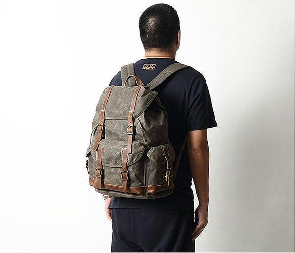 Green Waxed Canvas Backpack Waxed Cotton Backpack Green Large Canvas And Leather ARS02382020