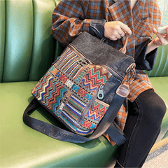 Vintage Convertible Large Boho Style Backpack Black Gray Embroidery Canvas Backpack Boho Crossbody Bag - Feltify