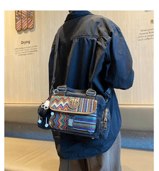 Black Gray Boho Handbag Canvas Embroidery Shoulder Bag Black Gray Canvas Crossbody Bag - Feltify