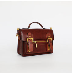 Womens Brown Small Leather Satchel Crossbody Bag Vintage School Handbag Shoulder Bag for Ladies