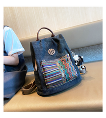 Boho Style Backpack Womens Canvas Backpack Black Gray Embroidery Vintage Boho Backpack - Feltify
