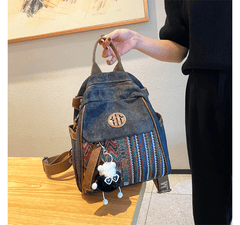 Black Gray Embroidery Canvas Backpack Boho Style Backpack Vintage Convertible Boho Crossbody Bag - Feltify