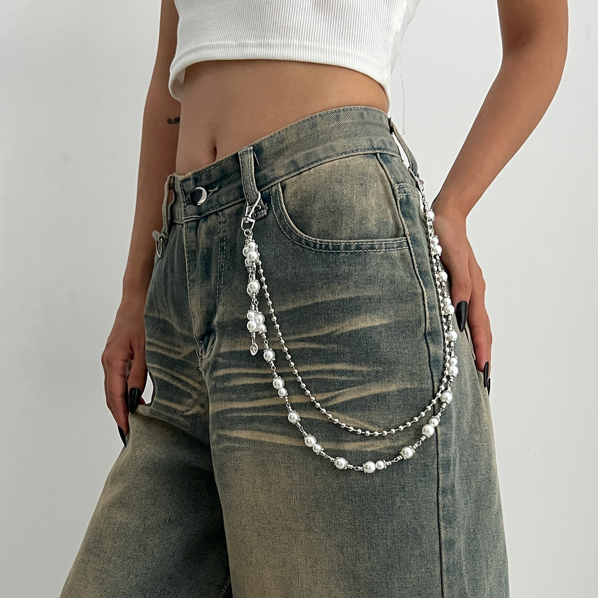 Fake Pearl Wallet Chain for Women Double Wallet Chain Beaded Wallet Chain - iChainWallets