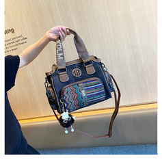 Black Gray Canvas Shoulder Boston Bag Embroidery Canvas Handbag Black Gray Canvas Boston Handbag - Feltify
