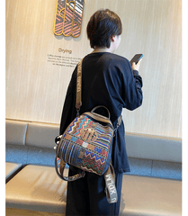 Black Gray Embroidery Canvas Boho Backpack Boho Crossbody Bag for Women - Feltify