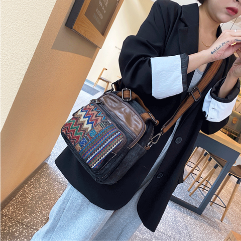 Canvas Convertible Boho Backpack Crossbody Bag Black Gray Canvas Convertible Boho Crossbody Handbags - Feltify