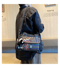Black Gray Boho Handbag Canvas Embroidery Shoulder Bag Black Gray Canvas Crossbody Bag - Feltify