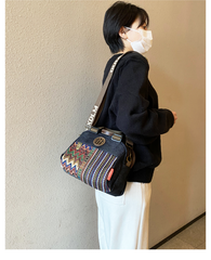 Black Gray Canvas Embroidery Handbag Shoulder Bag Black Gray Canvas Crossbody Bag - Feltify