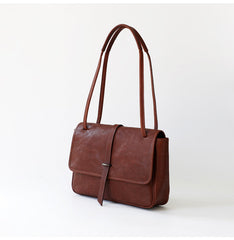 Womens Brown Leather Shoulder Purse Vintage Flip Commuting Bag for Ladies