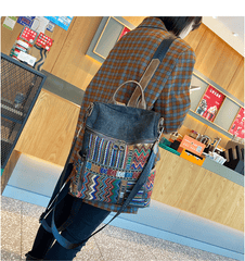 Vintage Convertible Large Boho Style Backpack Black Gray Embroidery Canvas Backpack Boho Crossbody Bag - Feltify