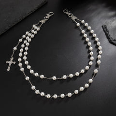 Pearl Wallet Chain Gold Beaded Wallet Chain for Women Double Wallet Chain with Cross - iChainWallets