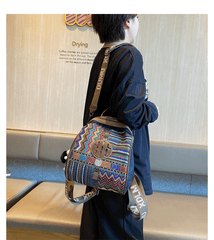 Black Gray Embroidery Canvas Boho Backpack Boho Crossbody Bag for Women - Feltify