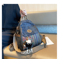 Black Gray Embroidery Canvas Backpack Boho Style Backpack Vintage Convertible Boho Crossbody Bag - Feltify