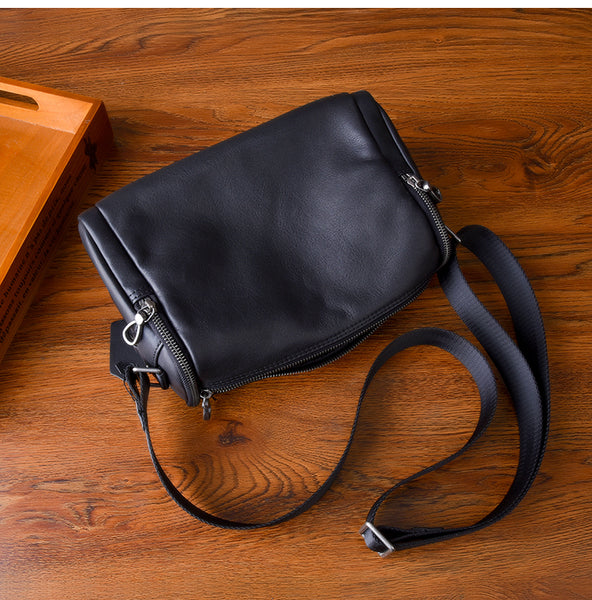 Black Leather Small Black Messenger Bag Men's - Leather Texture Detail