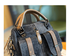 Canvas Convertible Handbag Crossbody Bag With outside Pockets Black Gray Canvas Embroidery Convertible Backpack Shoulder Bag - Feltify