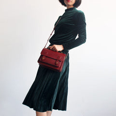 Womens Red Brown Leather Satchel Crossbody Bag Handmade School Handbag Shoulder Bag for Ladies