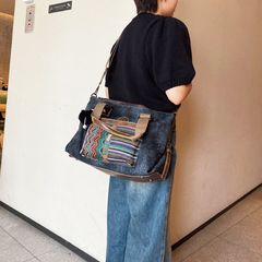 Boho Style Handbag Black Gray Canvas Boho Crossbody Bag Canvas Embroidery Shoulder Bag - Feltify