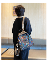 Black Gray Embroidery Canvas Boho Backpack Boho Crossbody Bag for Women - Feltify