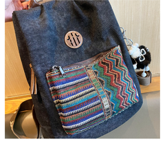 Boho Style Backpack Womens Canvas Backpack Black Gray Embroidery Vintage Boho Backpack - Feltify