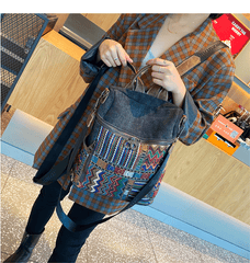 Vintage Convertible Large Boho Style Backpack Black Gray Embroidery Canvas Backpack Boho Crossbody Bag - Feltify