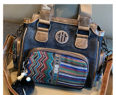 Black Gray Canvas Shoulder Boston Bag Embroidery Canvas Handbag Black Gray Canvas Boston Handbag - Feltify
