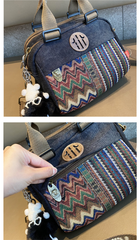 Black Gray Canvas Embroidery Handbag Shoulder Bag Black Gray Canvas Crossbody Bag - Feltify